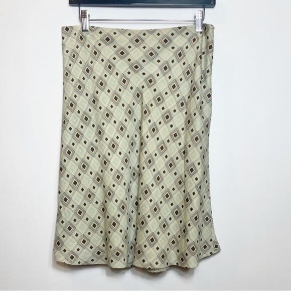 Ann Taylor Loft 100% Silk Geometric Print Midi Skirt Size 10 Beige & Blue - Picture 2 of 5